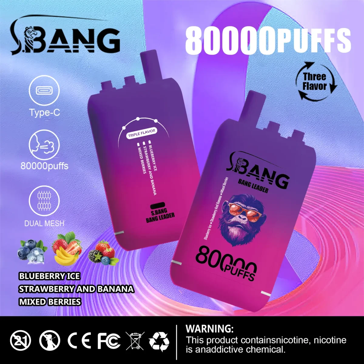 Bang Leader 80K 3-in-1 Bang Leader 80K 3-in-1 ブルーベリーアイス フレーバー 使い捨てベイプ
